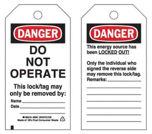 Brady® 5 3/4" X 3" Black/Red/White Rigid Polyester Tag (25 Per Pack) "DO NOT OPERATE This lock/tag may only be removed by___Name____Date____"