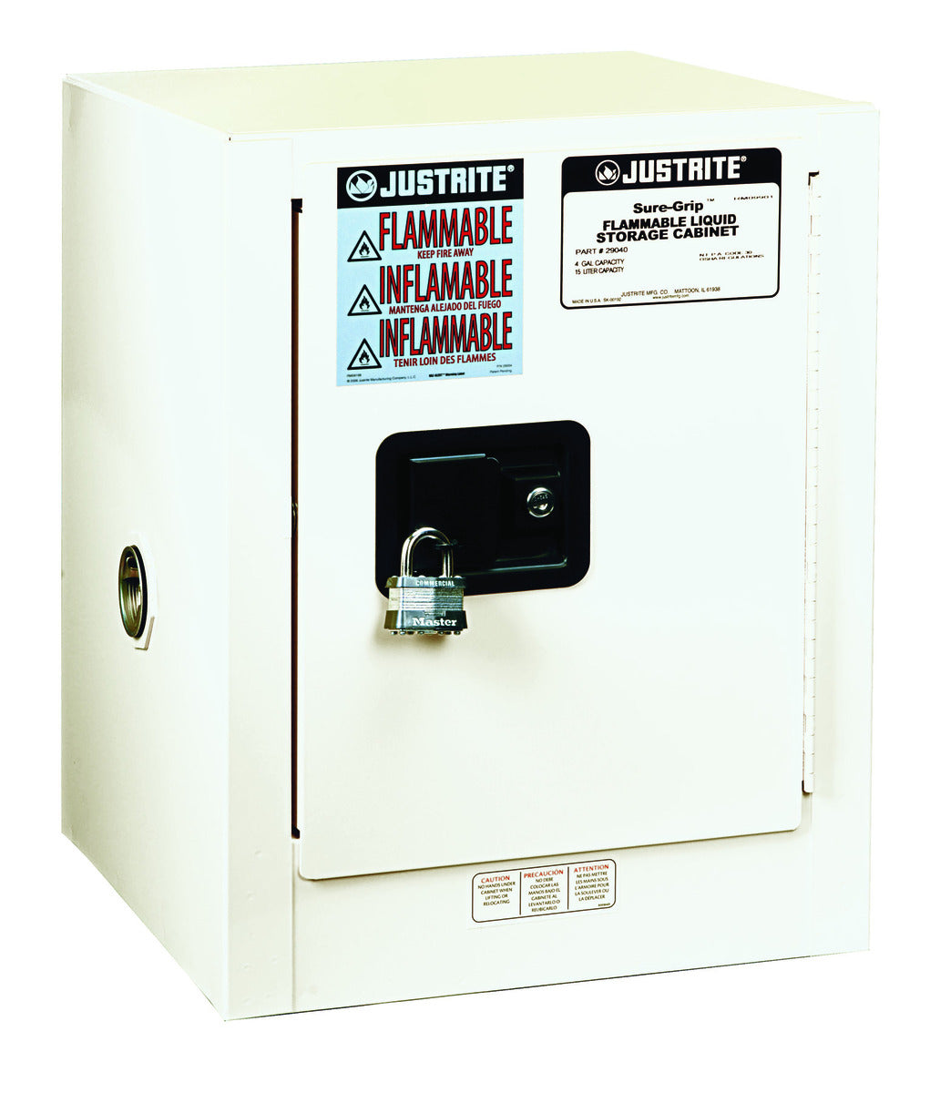 Justrite® 4 Gallon White Sure-Grip® EX 18 Gauge Cold Rolled Steel Safety Cabinet