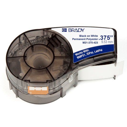 Brady® 3/8" X 21' Black/White BMP®21 WorkHorse® Halogen-free Polyester Label (21 ft Per Cartridge)