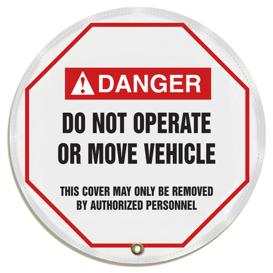 Accuform Signs® White/Black/Red Vinyl StopOut® Steering Wheel Cover "DANGER - DO NOT OPERATE OR MOVE VEHICLE - THIS COVER CAN ONLY BE REMOVED BY AUTHORIZED PERSONNEL"