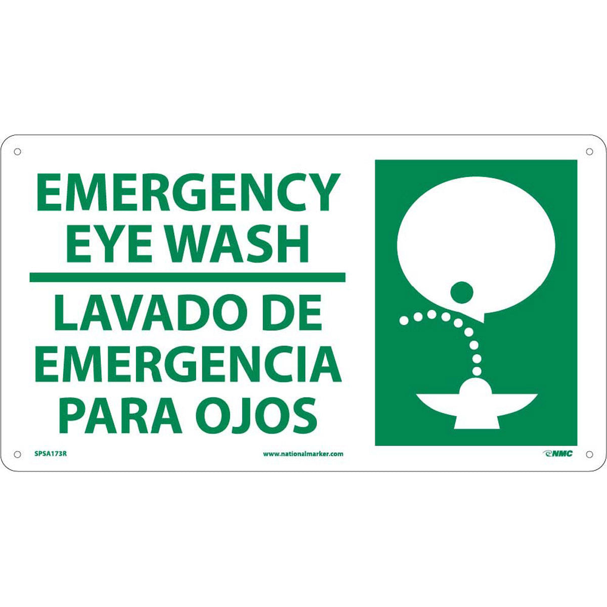 NMC™ 10" X 18" White .05" Plastic Bilingual Sign "EMERGENCY EYE WASH LAVADO DE EMERGENCIA PARA OJOS"