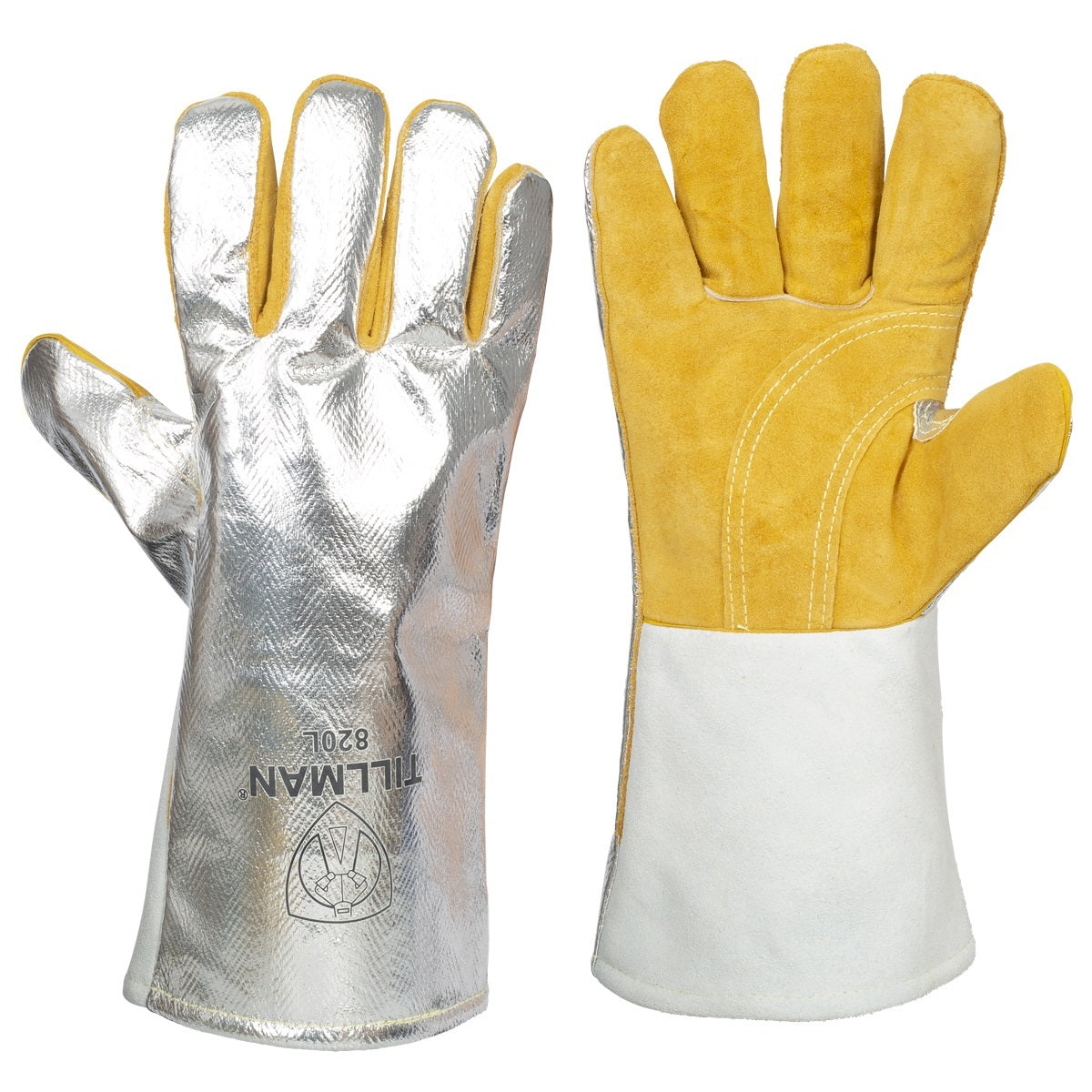 Tillman™ Large 14" Silver/Brown Cowhide Heat Resistant Gloves With 14" Gauntlet Cuff And Wool Lining And Reinforced Wing Thumb