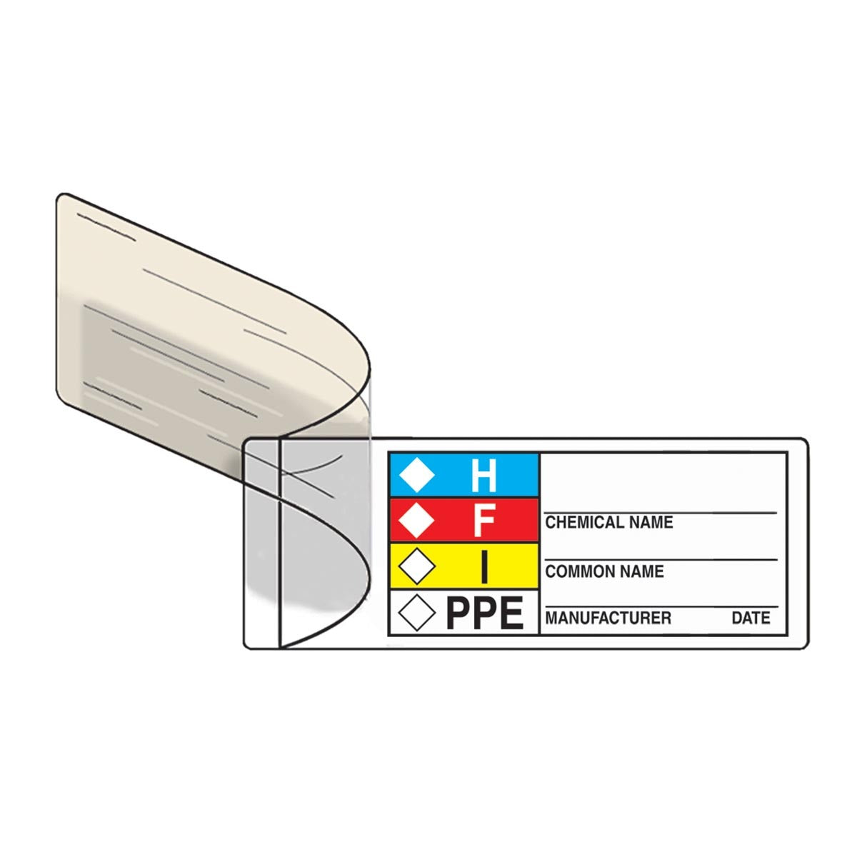 AccuformNMC™ 1" X 3" Red/Black/Yellow/Blue/White Vinyl HMCIS Label "CHEMICAL NAME___COMMON NAME___MANUFACTURER___DATE___(With Graphic)"