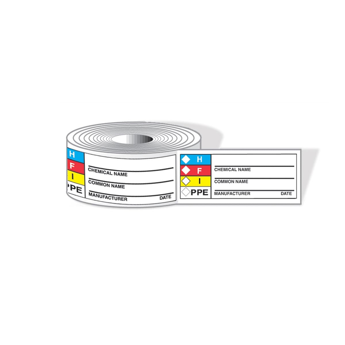 AccuformNMC™ 1 1/2" X 3 7/8''" Red/Black/Yellow/Blue/White Paper HMCIS Label "CHEMICAL NAME___COMMON NAME___MANUFACTURER___DATE___(With Graphic)"