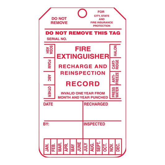 AccuformNMC™ 5 3/4" X 3 1/4" Red/White RP-Plastic Fire Inspection Tag "FIRE EXTINGUISHER RECHARGE AND REINSPECTION RECORD"