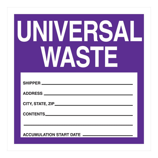 AccuformNMC™ 6" X 6" Purple/White Poly Hazardous Waste Label "UNIVERSAL WASTE SHIPPER ____ ADDRESS ____ CITY/STATE/ZIP _____ CONTENTS ____ ACCUMULATION START DATE ____"