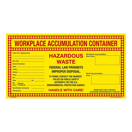 AccuformNMC™ 6" X 11" Black/Red/Yellow Poly Hazardous Waste Label "WORKPLACE ACCUMULATION CONTAINER HAZARDOUS WASTE"