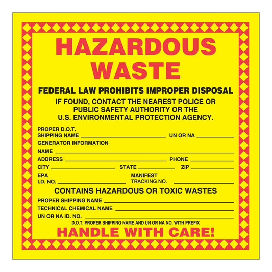 AccuformNMC™ 6" X 6" Black/Red/Yellow Poly Hazardous Waste Label "HAZARDOUS WASTE FEDERAL AND STATE LAW PROHIBITS IMPROPER DISPOSAL IF FOUND CONTACT THE NEAREST POLICE OR PUBLIC SAFETY AUTHORITY"