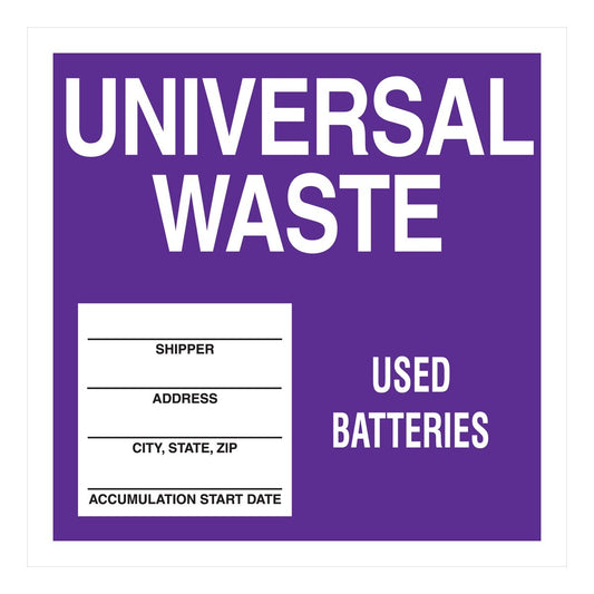 AccuformNMC™ 6" X 6" Black/Purple/White Poly Drum And Container Identification Label "UNIVERSAL WASTE USED BATTERIES SHIPPER___ADDRESS___CITY, STATE, ZIP___ACCUMULATION START DATE___"