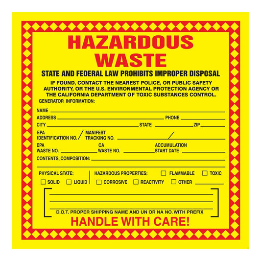 AccuformNMC™ 6" X 6" Black/Red/Yellow Poly Hazardous Waste Label "HAZARDOUS WASTE STATE AND FEDERAL LAW PROHIBITS IMPROPER DISPOSAL IF FOUND CONTACT THE NEAREST POLICE OR PUBLIC SAFETY AUTHORITY"