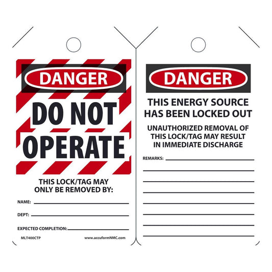 AccuformNMC™ 5 3/4" X 3 1/4" Red/Black/White PF-Cardstock Lockout/Tagout Tag "DANGER DO NOT OPERATE THIS LOCK/TAG MAY ONLY BE REMOVED BY: NAME:___DEPT:___EXPECTED COMPLETION:___/DANGER THIS ENERGY SOURCE HAS BEEN LOCKED OUT!..."