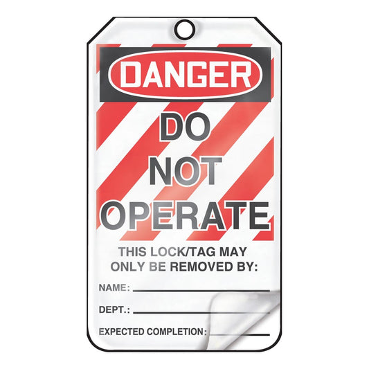 AccuformNMC™ 5 3/4" X 3 1/4" Red/Black/White HS-Laminate Lockout/Tagout Tag "DANGER DO NOT OPERATE THIS LOCK/TAG MAY ONLY BE REMOVED BY: NAME:___DEPT:___EXPECTED COMPLETION:___/DANGER THIS ENERGY SOURCE HAS BEEN LOCKED OUT!..."