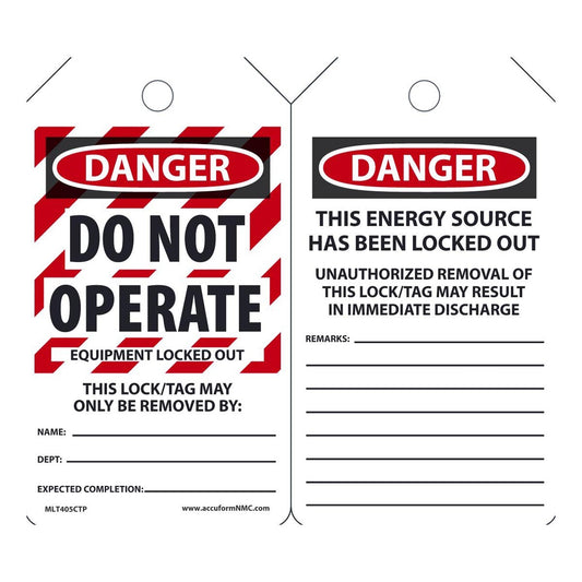 AccuformNMC™ 5 3/4" X 3 1/4" Black/Red/White PF-Cardstock Lockout/Tagout Tag "DANGER DO NOT OPERATE EQUIPMENT LOCKED OUT THIS LOCK/TAG MAY ONLY BE REMOVED BY: NAME: ___ . . ."