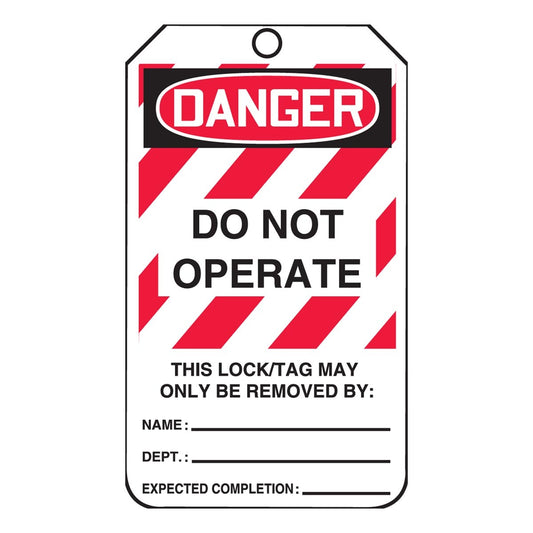 AccuformNMC™ 5 3/4" X 3 1/4" Black/Red/White PF-Cardstock Lockout/Tagout Tag "DANGER DO NOT OPERATE EQUIPMENT LOCKED OUT THIS LOCK/TAG MAY ONLY BE REMOVED BY: NAME___DEPT.:___EXPECTED COMPLETION:___/DANGER THIS ENERGY SOURCE HAS BEEN LOCKED OUT!..."