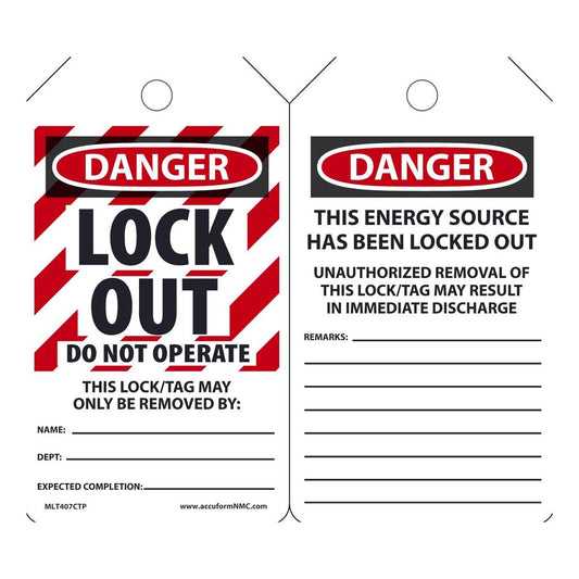 AccuformNMC™ 5 3/4" X 3 1/4" Black/Red/White PF-Cardstock Lockout/Tagout Tag "DANGER LOCKED OUT DO NOT OPERATE THIS LOCK/TAG MAY ONLY BE REMOVED BY: NAME___DEPT.:___EXPECTED COMPLETION:___/DANGER THIS ENERGY SOURCE HAS BEEN LOCKED OUT!..."