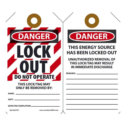 AccuformNMC™ 5 3/4" X 3 1/4" Black/Red/White RP-Plastic Lockout/Tagout Tag "DANGER LOCKED OUT DO NOT OPERATE THIS LOCK/TAG MAY ONLY BE REMOVED BY: NAME___DEPT.:___EXPECTED COMPLETION:___/DANGER THIS ENERGY SOURCE HAS BEEN LOCKED OUT!..."