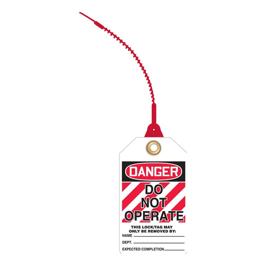 AccuformNMC™ 5 7/8" X 3 3/8" Black/Red/White Loop 'n Lock™ RP-Plastic Lockout/Tagout Tag "DANGER DO NOT OPERATE THIS LOCK/TAG MAY ONLY BE REMOVED BY: NAME___DEPT.___EXPECTED COMPLETION___..."