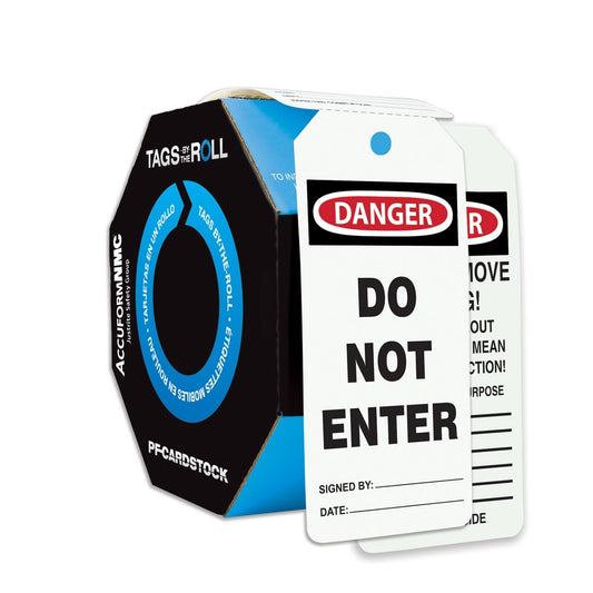 AccuformNMC™ 6 1/4" X 3" Black/Red/White PF-Cardstock Safety Tags By-The-Roll "DANGER DO NOT ENTER SIGNED BY:___DATE:___/DANGER DO NOT REMOVE THIS TAG! TO DO SO WITHOUT AUTHORITY WILL MEAN DISCIPLINARY ACTION! IT IS HERE FOR A PURPOSE REMARKS:___"