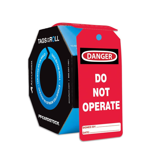 AccuformNMC™ 6 1/4" X 3" Black/Red/White PF-Cardstock Safety Tags By-The-Roll "DANGER DO NOT OPERATE SIGNED BY:___DATE:___/DANGER DO NOT REMOVE THIS TAG! TO DO SO WITHOUT AUTHORITY WILL MEAN DISCIPLINARY ACTION! IT IS HERE FOR A PURPOSE REMARKS:___"