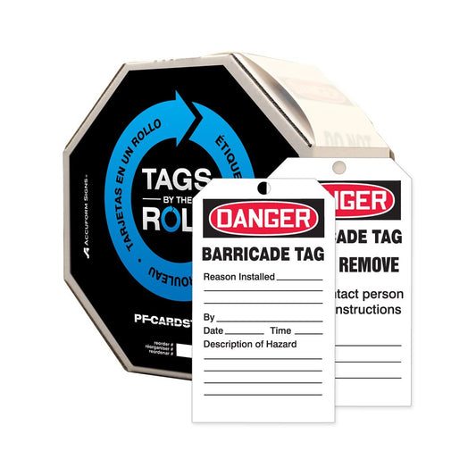 AccuformNMC™ 6 1/4" X 3" Black/Red/White PF-Cardstock Safety Tags By-The-Roll "DANGER BARRICADE TAG REASON INSTALLED___BY___DATE___TIME___DESCRIPTION OF HAZARD___..."