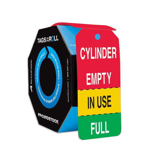 AccuformNMC™ 6 1/4" X 3" Green/White/Red/Black/Yellow PF-Cardstock Safety Tags By-The-Roll "CYLINDER EMPTY/IN USE/FULL"