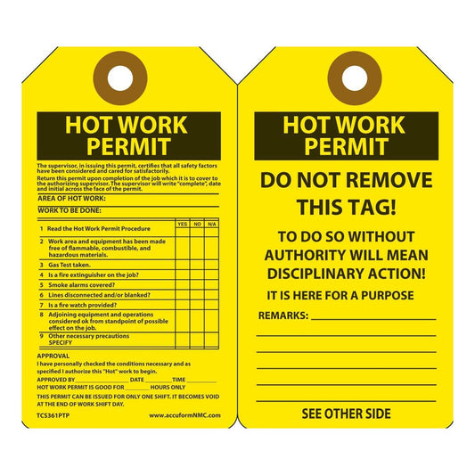 AccuformNMC™ 5 3/4" X 3 1/4" Black/Yellow RP-Plastic Hot Work Status Tag "HOT WORK PERMIT"