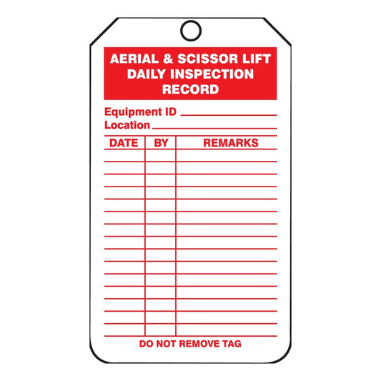 AccuformNMC™ 5 3/4" X 3 1/4" Red/White PF-Cardstock Scaffold Status Tag "AERIAL & SCISSOR LIFT DAILY INSPECTION RECORD"