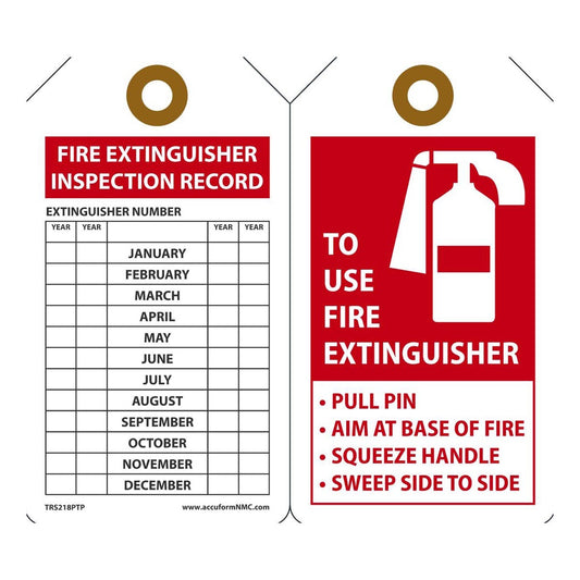 AccuformNMC™ 5 3/4" X 3 1/4" Black/Red/White RP-Plastic Fire Inspection Tag "TO USE FIRE EXTINGUISHER PULL PIN AIM AT BASE OF FIRE SQUEEZE HANDLE SWEEP SIDE TO SIDE"