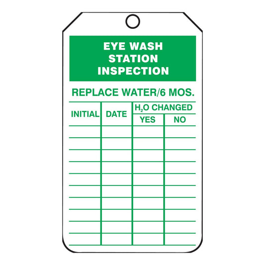 AccuformNMC™ 5 3/4" X 3 1/4" Green/White PF-Cardstock Inspection And Status Record Tag "EYE WASH STATION INSPECTION REPLACE WATER/6 MOS."