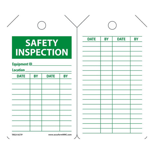 AccuformNMC™ 5 3/4" X 3 1/4" Green/White PF-Cardstock Equipment Status Tag "SAFETY INSPECTION EQUIPMENT ID___LOCATION___DATE___BY___DATE___BY___/DATE___BY___DAGE___BY___"