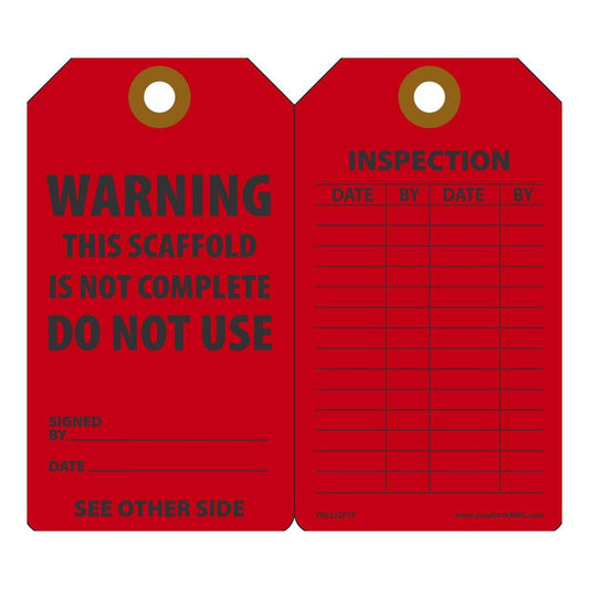 AccuformNMC™ 5 3/4" X 3 1/4" Black/Red RP-Plastic Scaffold Status Tag "WARNING THIS SCAFFOLD IS NOT COMPLETE DO NOT USE SIGNED BY___DATE___/INSPECTION DATE___BY___DAGE___BY___"