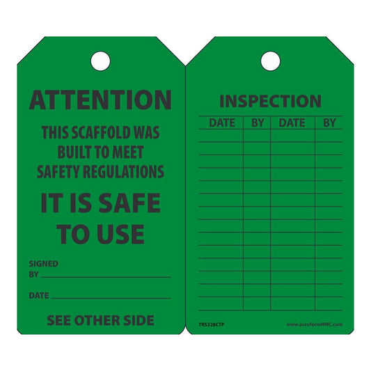 AccuformNMC™ 5 3/4" X 3 1/4" Black/Green PF-Cardstock Scaffold Status Tag "ATTENTION THIS SCAFFOLD WAS BUILT TO MEET SAFETY REGULATIONS IT IS SAFE TO USE SIGNED BY___DATE___/INSPECTION DATE___BY___DAGE___BY___"