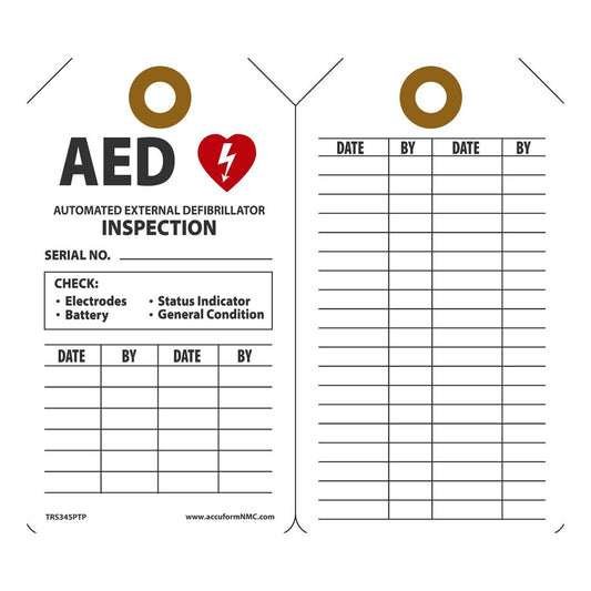 AccuformNMC™ 5 3/4" X 3 1/4" Black/Red/White RP-Plastic AED Status Tag "AED AUTOMATIC EXTERNAL DEFIBRILLATOR INSPECTION SERIAL NO.___.../DATE___BY___DAGE___BY___"