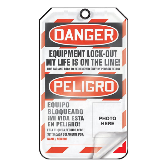 AccuformNMC™ 5 3/4" X 3 1/4" Black/Red/White RP-Plastic Lockout Tag "DANGER EQUIPMENT LOCK-OUT MY LIFE IS ON THE LINE! THIS TAG AND LOCK TO BE REMOVED ONLY BY PERSON BELOW (Photo)/DANGER EQUIPMENT LOCKED OUT BY___DATE:___ (Spanish Bilingual)"