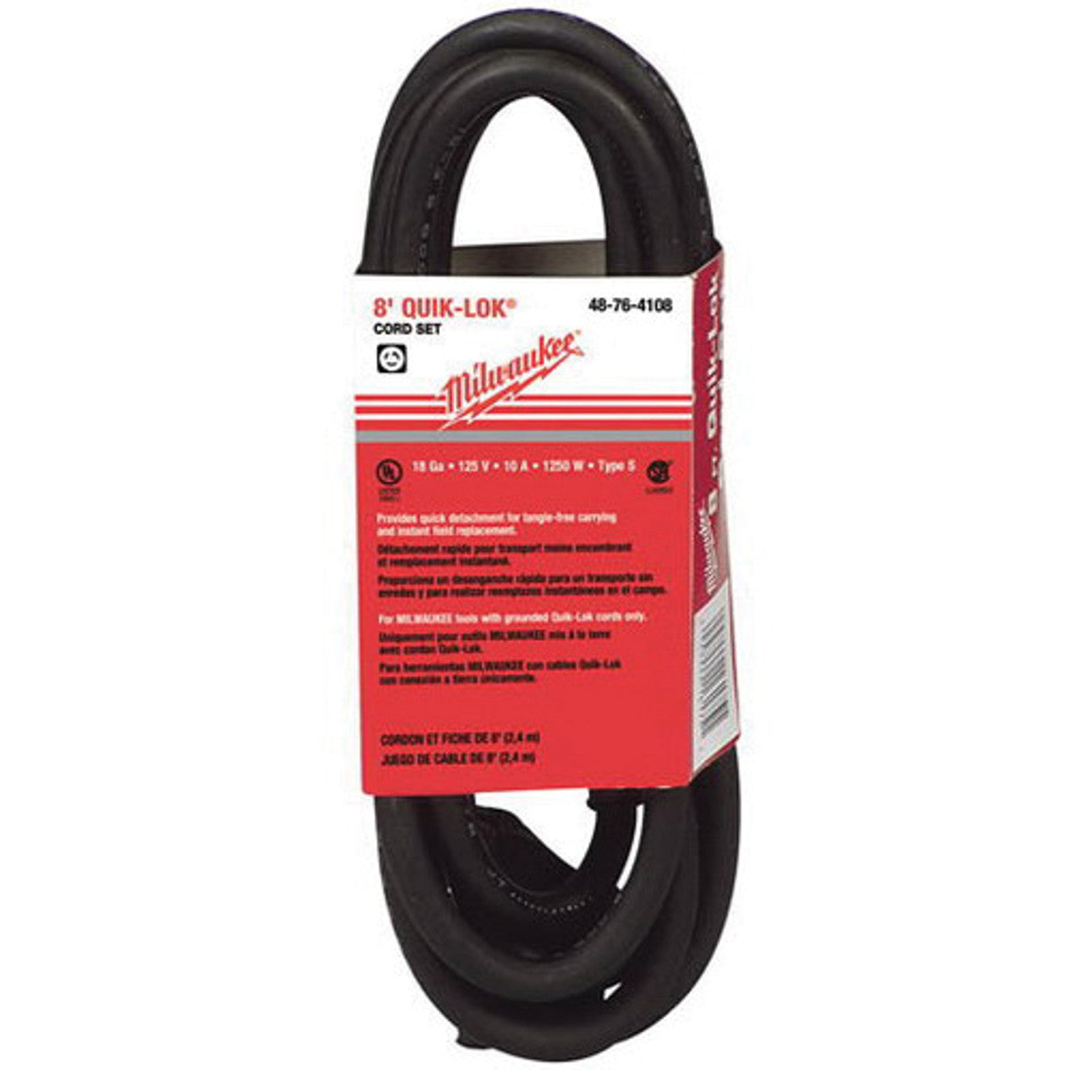 Milwaukee 48-76-4108  8 ft., 3-Wire Quick-Lok  Grounded Lock Cord W/ Twist Lock Plug