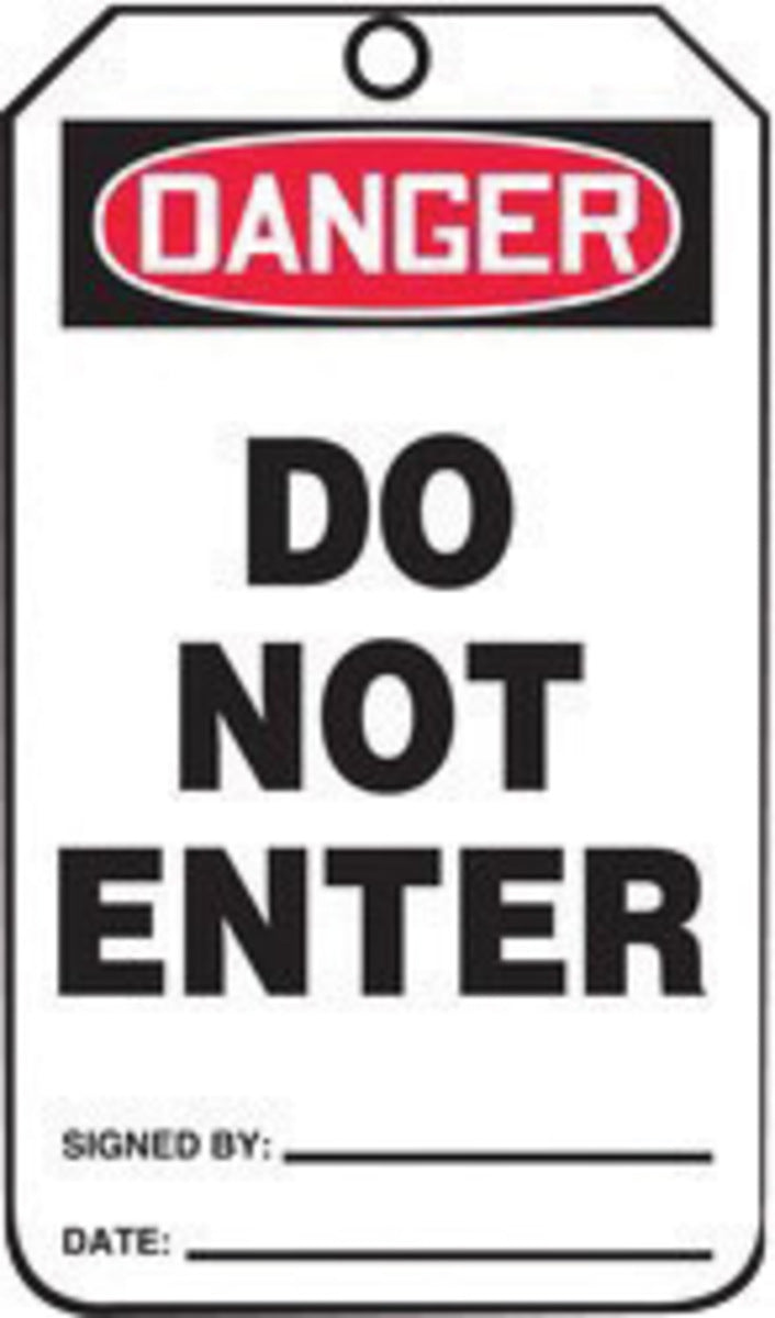 Accuform Signs® 5 3/4" X 3 1/4" Black, Red And White HS-Laminate English Accident Prevention Safety Tag "DANGER DO NOT ENTER" With Pull-Proof Metal Grommeted 3/8" Reinforced Hole, Do Not Remove Tag Warning On Back And Standard Back B (25 Per Pack)