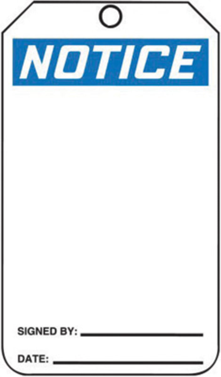 Accuform Signs® 5 3/4" X 3 1/4" Black, Blue And White HS-Laminate Accident Prevention Blank Tag "NOTICE" With Pull-Proof Metal Grommeted 3/8" Reinforced Hole And OSHA Header (25 Per Pack)