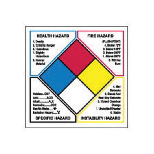 Brady® 4" X 4" Black/Blue/Red/Yellow/White Permanent Acrylic Vinyl NFPA Diamond Label (500 Per Roll) "HEALTH HAZARD SPECIFIC HAZARD FIRE HAZARD INSTABILITY HAZARD"