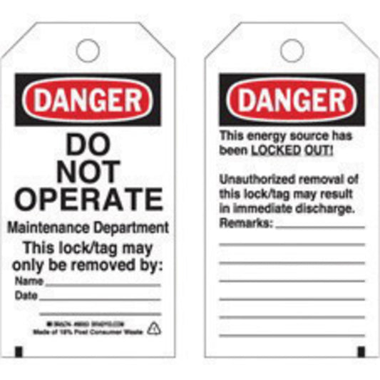 Brady® 5 3/4" X 3" Black/Red/White Heavy-Duty Polyester Tag (25 Per Pack) "DO NOT OPERATE, MAINTENANCE DEPARTMENT THIS LOCK/TAG MAY ONLY BE REMOVED BY___NAME_____. DATE_____."