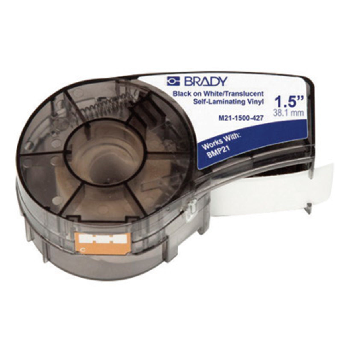 Brady® 1 1/2" X 14' Black/White/Clear BMP®21 Flame-Retardant/Self-Laminating Vinyl Label (14 ft Per Cartridge)