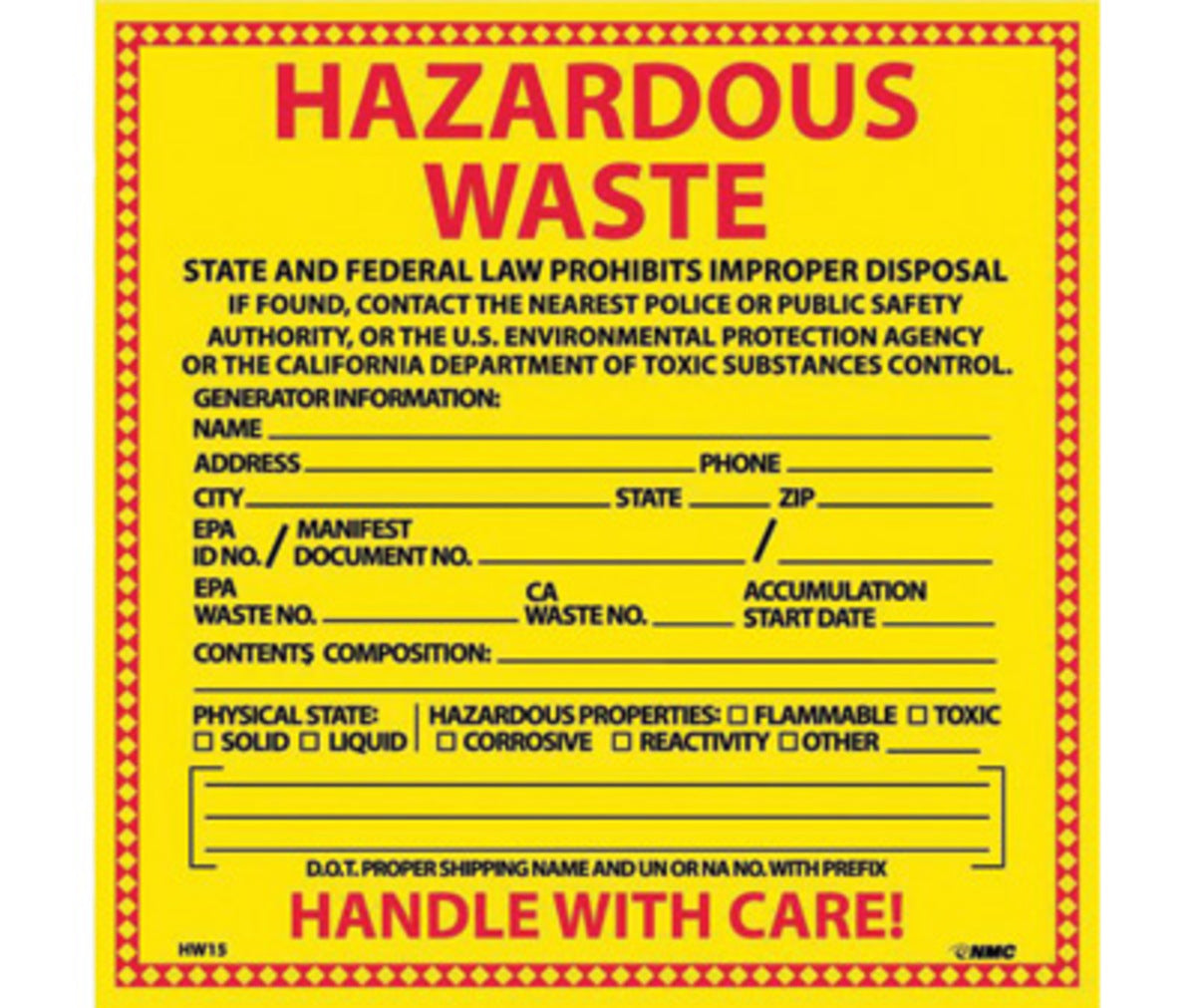 AccuformNMC™ 6" X 6" Black/Red/Yellow Pressure Sensitive/Adhesive Backed Vinyl (25 Per Pack) "HAZARDOUS WASTE CALIFORNIA HAZMAT"