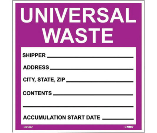 AccuformNMC™ 6" X 6" Black/Purple/White Pressure Sensitive/Adhesive Backed Vinyl (25 Per Pack) "UNIVERSAL WASTE SHIPPER"