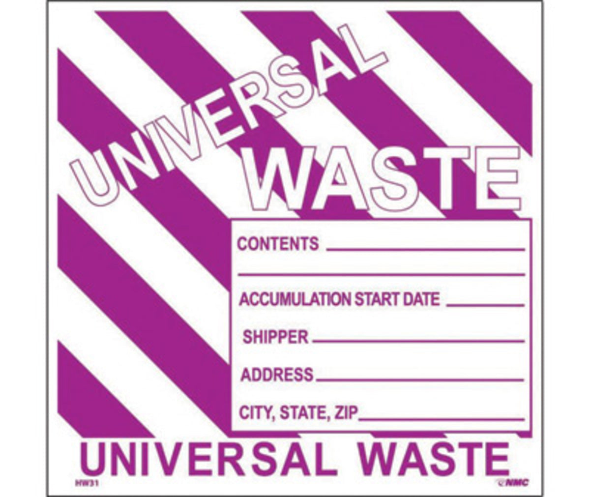 AccuformNMC™ 6" X 6" Purple/White Pressure Sensitive/Adhesive Backed Vinyl (25 Per Pack) "UNIVERSAL WASTE CONTENTS"