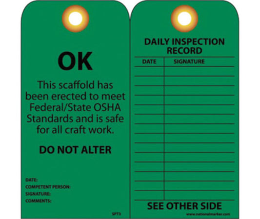 AccuformNMC™ 6" X 3" Black/Green Card Stock (25 Per Pack) "THIS SCAFFOLD HAS BEEN ERECTED TO MEET FEDERAL/STATE OSHA STANDARDS"